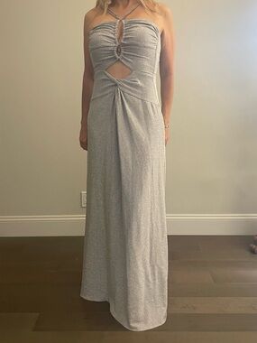 PatBO Silver Strapless Cutout Evening Gown